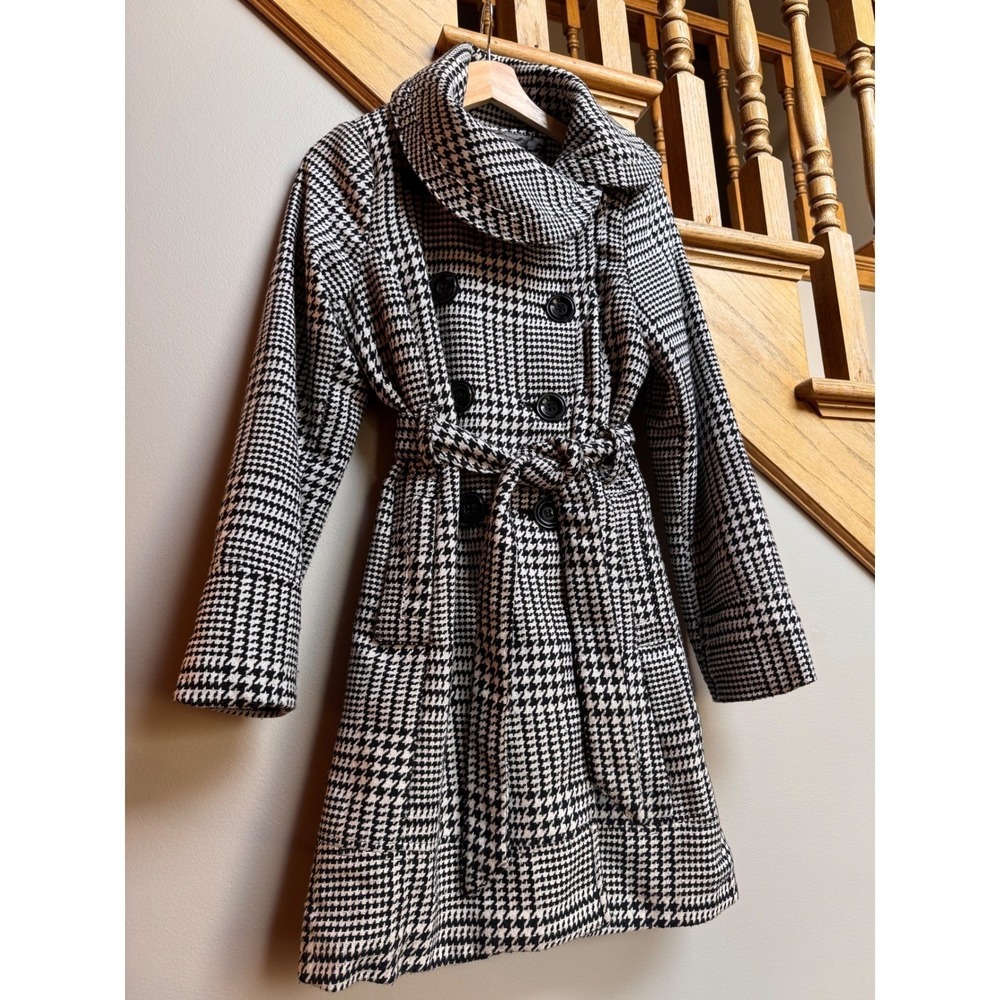 XOXO Womens Houndstooth Trench Coat Belt Black White Double Breasted Medium Y2K